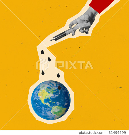 Art collage about global vaccination, globe and abstract female hand 81494399