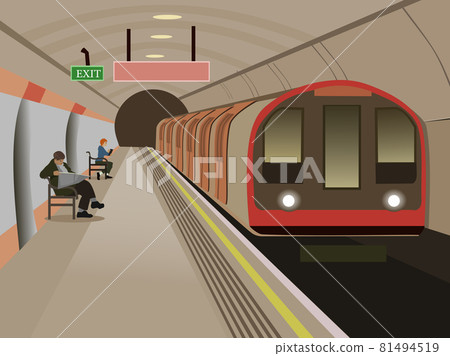 The location of the subway station has trains and passengers waiting with a white tunnel in the background. 81494519