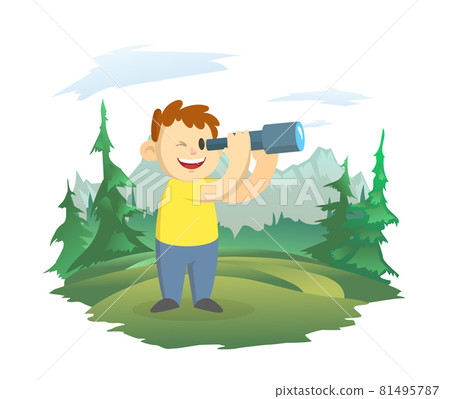 A happy boy looks through a telescope. A boy scout on the background of a mountain landscape. Observations of nature. Vector illustration, isolated on white. 81495787