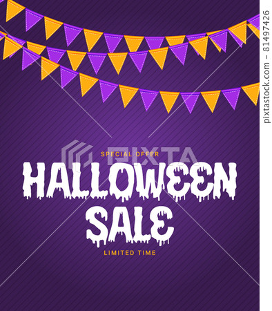 Halloween sale poster with flags and garland on purple background. Vector Illustration Halloween sale poster with flags and garland on purple background. Vector Illustration 81497426