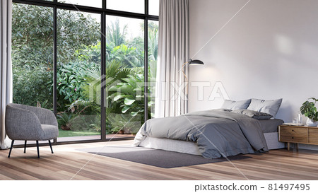 Modern bedroom with tropical style garden view 3d render 81497495