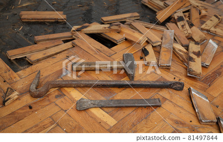 Old wooden floor renovation tools 81497844