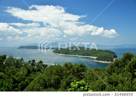 View of Tomogashima from the site of Miyama Gundai [Jinoshima (right), Okinoshima (left), Awaji Island over there] [Wakayama City, Wakayama Prefecture] 81498959