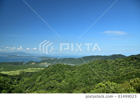 View of Tomogashima from the view of Mt. Shikoku [Jinoshima (right), Okinoshima (left), Awaji Island over there] [Wakayama City, Wakayama Prefecture] 81499023
