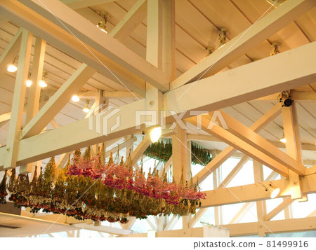 Dried flowers hung on the ceiling of the cafe Dried flowers hung on the ceiling of the cafe 81499916