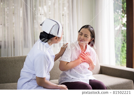 Senior asian woman having chest pain suffering from heart attack,Nurse take care and support 81502221