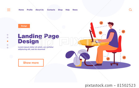 Man showing correct position for sitting at desk 81502523