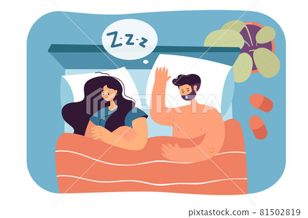 Top view of couple sleeping in bed flat vector illustration Top view of couple sleeping in bed flat vector illustration 81502819