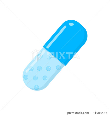 Blue capsule with dragees. Spansula with drug granules isolated on white background. Medical therapy concept. Vector cartoon illustration 81503464