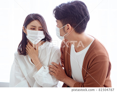 亞洲年輕女性和亞洲年輕男性在家戴外科口罩防止隔離感染新冠肺炎或流感 81504787