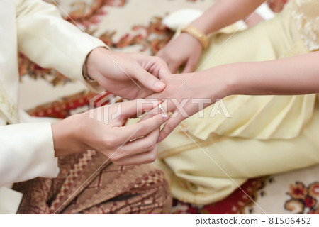 Close up of a man in love putting wedding ring on his woman finger. Marriage proposal engagement 81506452
