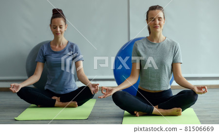 Beautiful two women doing yoga practice together. They sitting in a calm and serene manner. The concept for self-care sport and body balance 81506669