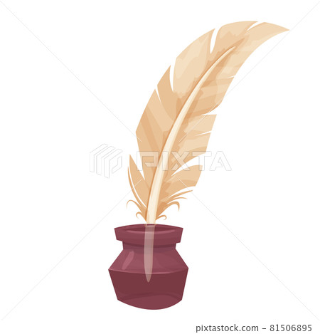Bird feather, ancient quill with inkwell in cartoon style isolated on white background. Writing tool, equipment. Decoration element. 81506895