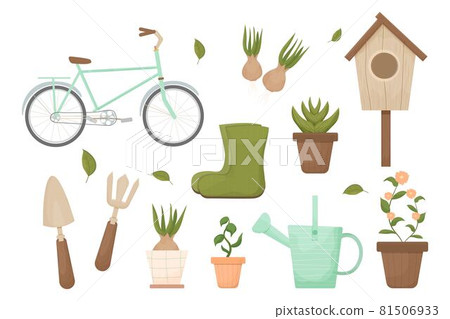 Hygge spring time gardening in Scandinavian style with tools, boots, birdhouse, bike and flowerpot isolated on white background. Textured objects in pastel trendy colours. Farming, cozy agricultural. Hygge spring time gardening in Scandinavian style with tools, boots, birdhouse, bike and flowerpot isolated on white background. Textured objects in pastel trendy colours. Farming, cozy agricultural. 81506933