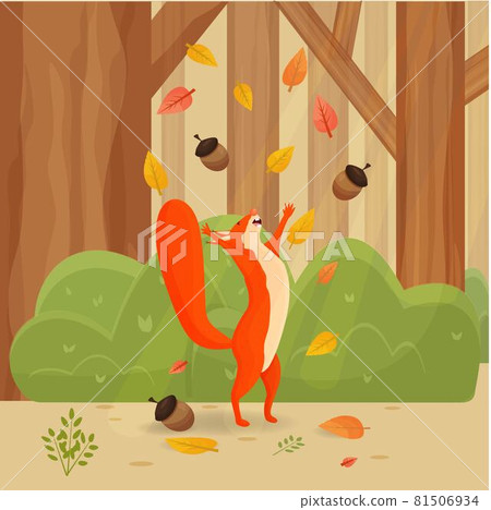 Happy cartoon, comic squirrel with autumn leaves in forest scenery, landscape, background colorful and bright stock vector illustration Happy cartoon, comic squirrel with autumn leaves in forest scenery, landscape, background colorful and bright stock vector illustration 81506934
