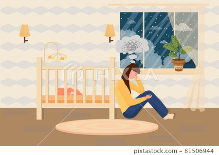 Postpartum depression concept in flat style. Tired, sad mother, woman sitting on floor near bad with sleeping baby. Psychology problem, parent difficulty. 81506944