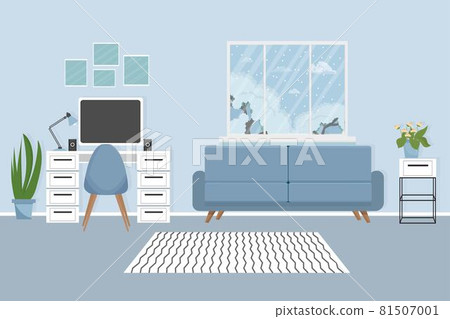 Modern interior in elegant colours with workplace, computer, lamp, cozy sofa, chair, plants and window stock vector illustration. Empty room for your design. 81507001