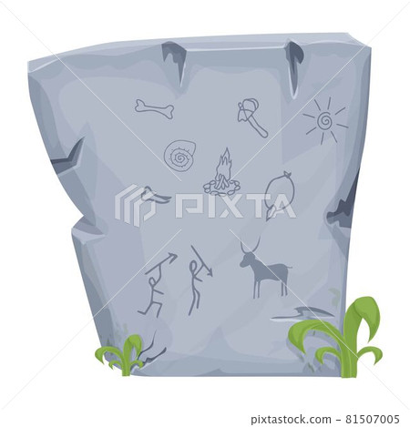 Stone age symbol big rock with ancient tribal caveman drawings in cartoon style isolated on white background. Hunting primitive objects. Decoration history element, textured and cracked. 81507005