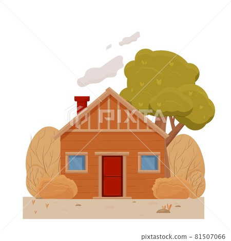 Little wooden house in autumn forest, countryside landscape stock vector illustration. Calm and rural Little wooden house in autumn forest, countryside landscape stock vector illustration. Calm and rural 81507066