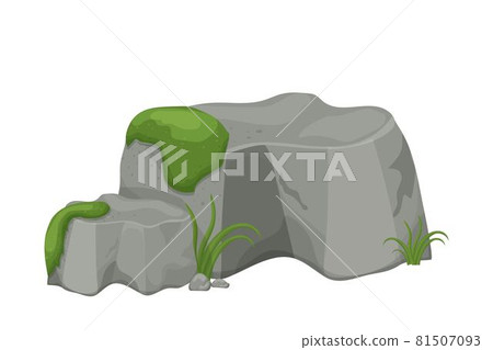 Stone, rock with moss and grass isolated on white background. Big boulder element, granite block for ui games, decoration, clipart in cartoon style. Stone, rock with moss and grass isolated on white background. Big boulder element, granite block for ui games, decoration, clipart in cartoon style. 81507093