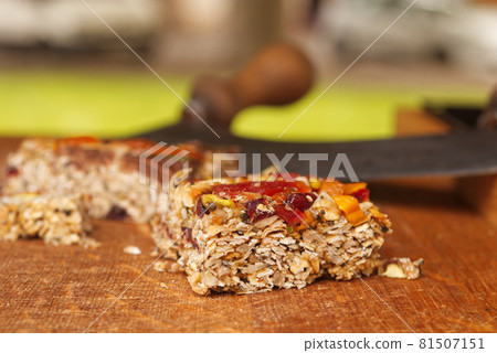 Vegan cereal bars made from natural ingredients. Healthy cereal products on offer at the farmers street food market in Karlin, Prague. Vegan cereal bars made from natural ingredients. Healthy cereal products on offer at the farmers street food market in Karlin, Prague. 81507151