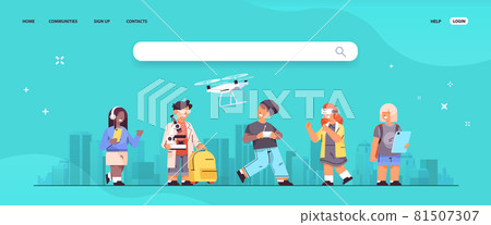 mix race schoolchildren using digital gadgets school children having fun cityscape background 81507307