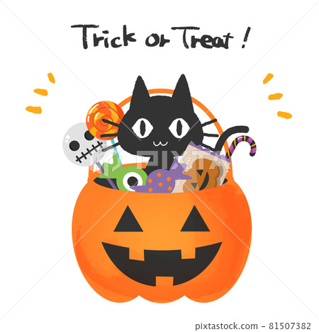 Black cats and sweets in a Halloween pumpkin basket 81507382