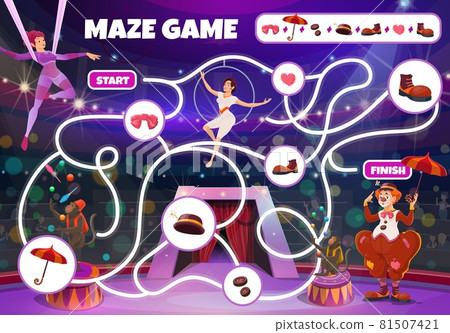 Circus maze game, vector labyrinth kids boardgame Circus maze game, vector labyrinth kids boardgame 81507421
