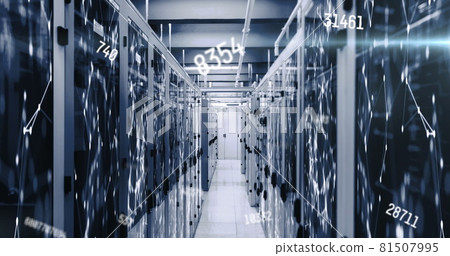 Image of numbers changing with networks of connections over tech room with computer servers Image of numbers changing with networks of connections over tech room with computer servers 81507995
