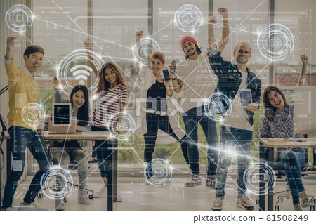 Technology digital virtual screen and Wireless communication connecting over Portrait Group Of Asian and Multiethnic Business people in happy action and celebrate with technology device themself Technology digital virtual screen and Wireless communication connecting over Portrait Group Of Asian and Multiethnic Business people in happy action and celebrate with technology device themself 81508249