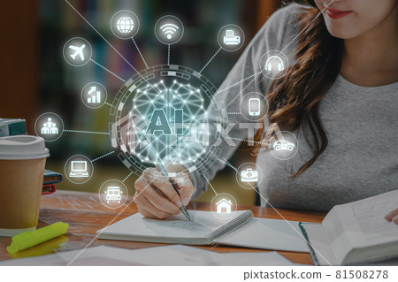 Polygonal brain shape of an artificial intelligence with various icon of smart city Internet of Things Technology over Asian young Student hand writing homework in library of university or colleage Polygonal brain shape of an artificial intelligence with various icon of smart city Internet of Things Technology over Asian young Student hand writing homework in library of university or colleage 81508278