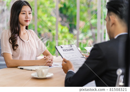 Young Asian woman graduate interviewing with two manager with positive motion in meeting room,Business Hiring new member, Job interview with manager concept Young Asian woman graduate interviewing with two manager with positive motion in meeting room,Business Hiring new member, Job interview with manager concept 81508321