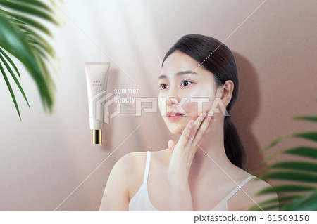 summer beauty, young Asian Korean model with mock up cosmetics, skincare beauty poster 81509150