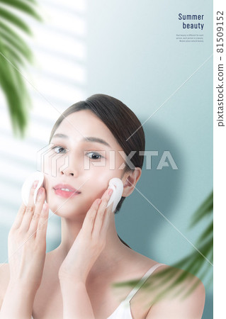 summer beauty, young Asian Korean model with mock up cosmetics, skincare beauty poster summer beauty, young Asian Korean model with mock up cosmetics, skincare beauty poster 81509152
