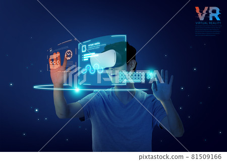 Asian man enjoying VR virtual reality, 3d rendered graphic Asian man enjoying VR virtual reality, 3d rendered graphic 81509166