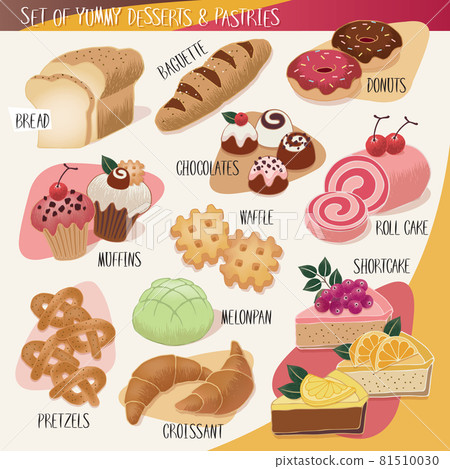 Vector illustration of hand drawn desserts and pastries. A set of sweet and yummy dessert collection with decoration. Vector illustration of hand drawn desserts and pastries. A set of sweet and yummy dessert collection with decoration. 81510030