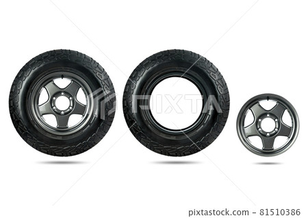 Group of car tire designed for use in all road conditions with alloy wheel isolated on white background. Group of car tire designed for use in all road conditions with alloy wheel isolated on white background. 81510386