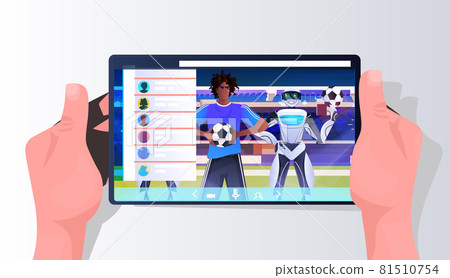 african american man and robot soccer players on smartphone screen artificial intelligence technology concept 81510754
