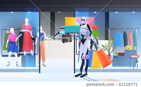 robot with trolley cart walking with purchases artificial intelligence technology shopping mall interior robot with trolley cart walking with purchases artificial intelligence technology shopping mall interior 81510771