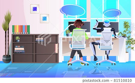 businesswoman and robot sitting at workplace artificial intelligence teamwork chat bubble communication concept businesswoman and robot sitting at workplace artificial intelligence teamwork chat bubble communication concept 81510810