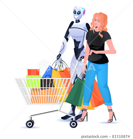modern robot with woman holding colorful purchases shopping bags artificial intelligence technology concept modern robot with woman holding colorful purchases shopping bags artificial intelligence technology concept 81510874