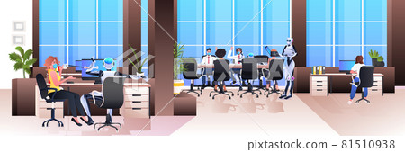 businesspeople in masks and robots working together in creative open space artificial intelligence teamwork concept businesspeople in masks and robots working together in creative open space artificial intelligence teamwork concept 81510938