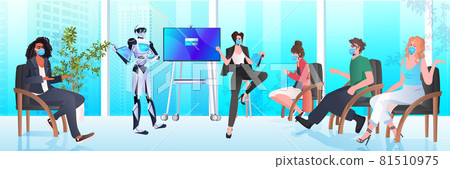 businesspeople in masks and robot working together in creative open space artificial intelligence teamwork concept 81510975