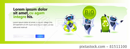 robots with recycle waste symbol green arrows logo artificial intelligence save planet environmental protection 81511100