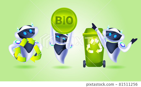 set robots with recycle waste symbol green arrows logo artificial intelligence save planet environmental protection 81511256