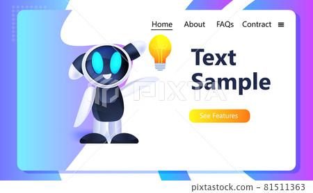 cute robot cyborg holding light lamp modern robotic character with bright bulb new project creative idea 81511363
