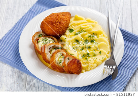Chicken Kiev served with potato mash on a plate Chicken Kiev served with potato mash on a plate 81511957