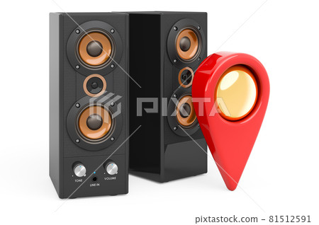 Map pointer with musical speakers, 3D rendering Map pointer with musical speakers, 3D rendering 81512591
