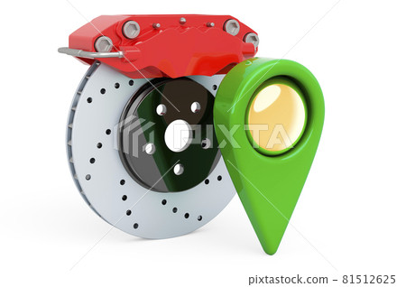Map pointer with car disc brake with caliper, 3D rendering Map pointer with car disc brake with caliper, 3D rendering 81512625