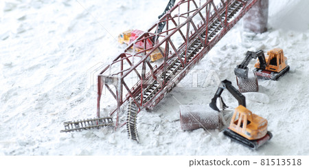 A diorama landscape of a railway bridge that collapsed due to a disaster and restoration A diorama landscape of a railway bridge that collapsed due to a disaster and restoration 81513518